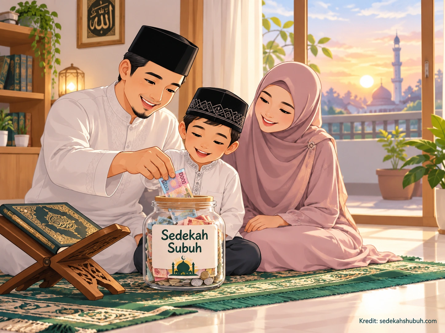 Keluarga bersedekah bersama di pagi hari
